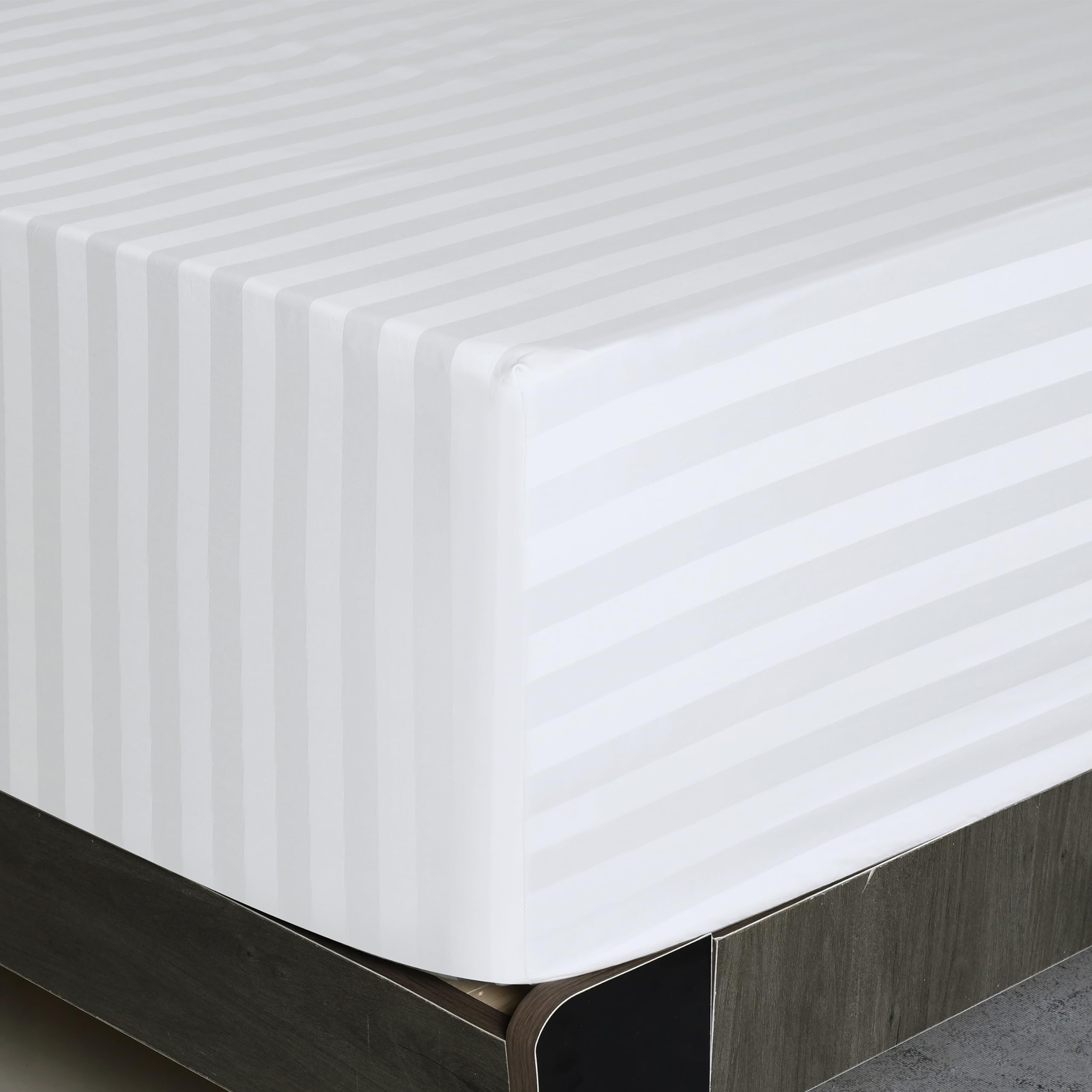 Full Size Striped Fitted Sheet Only White Color, 100% Egyptian Cotton 600 Thread Count, 16'' Deep Pocket Premium Cotton Mattress